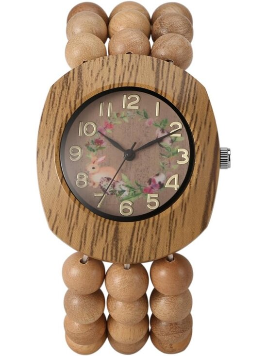 Accessories - Women's Khaki Boho Wood Bead Wreath Dial Floral Quartz Elastic Band Casual Watch